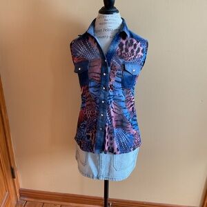 SONICE Stylish Denim Detail Animal Print Sleeveless Top Size XL